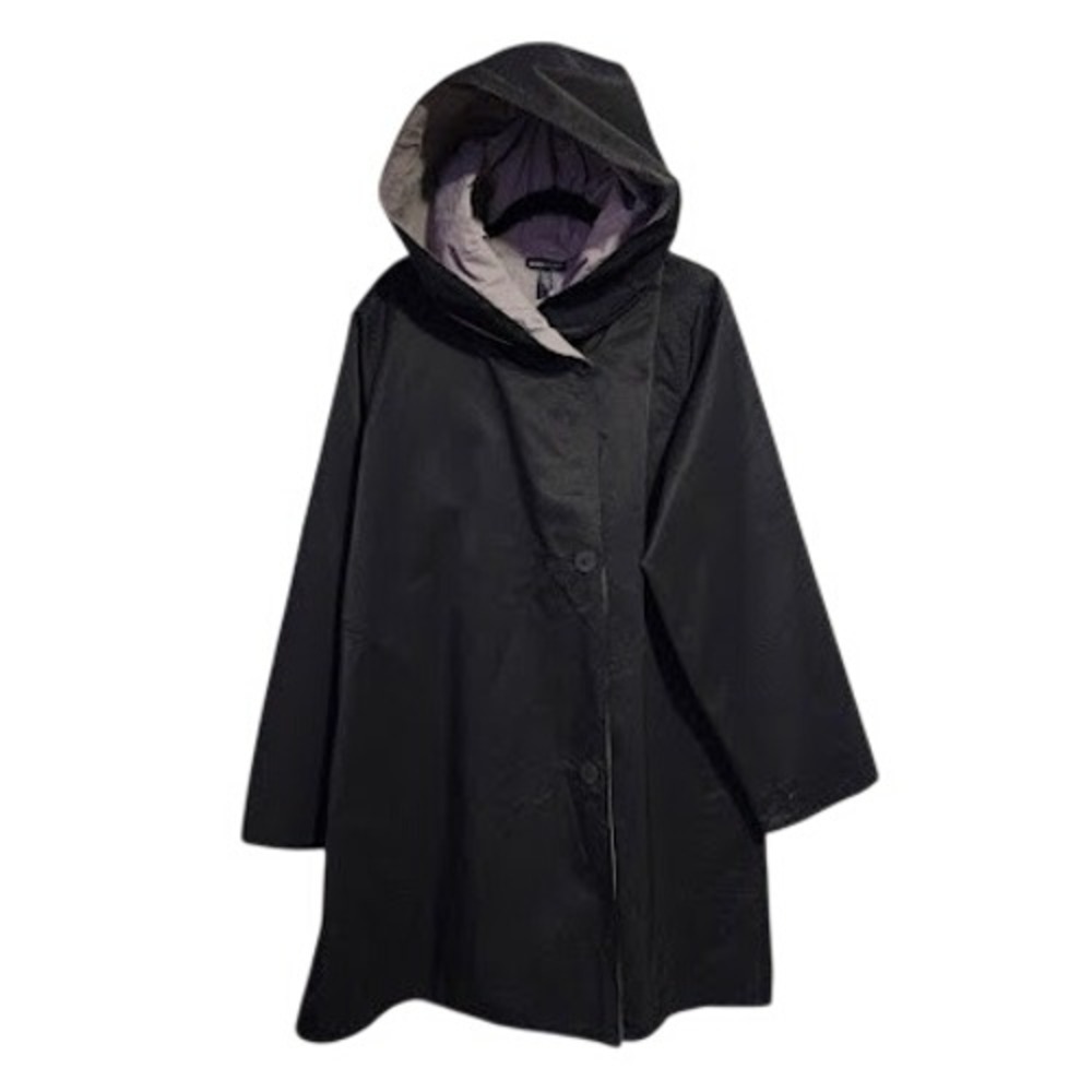 EILEEN FISHER Reversible Hooded Coat Black Gray A-Line Jacket Large L